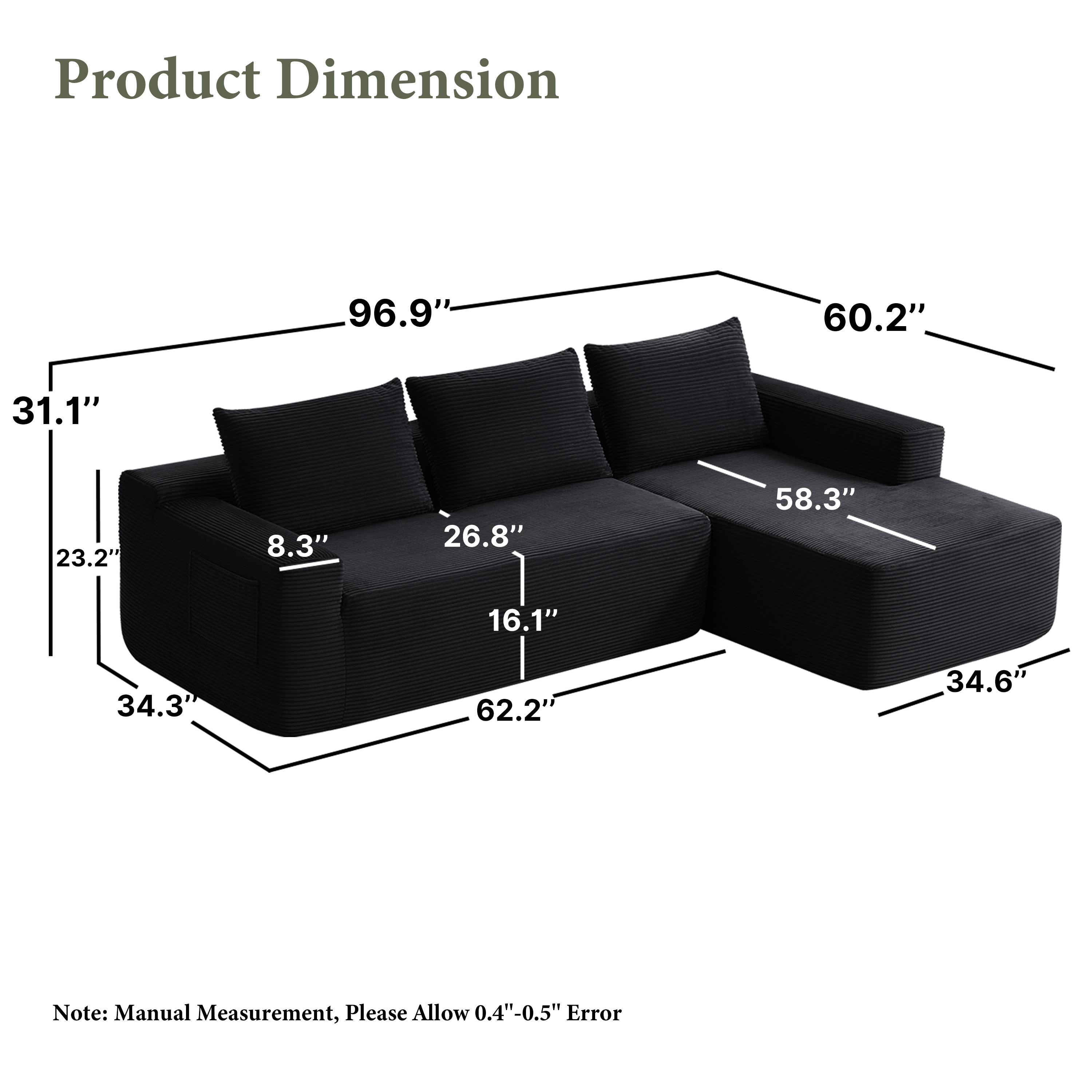96.9" Cloud Sectional Sofa with L-Shape Chaise and Side Pockets , bonelesscouches compression  bed ,Modern Modular Design, Deep Seating, Upholstered  for Living Room/Bedroom, No Assembly Required (Corduroy Fabric), Left-facing
