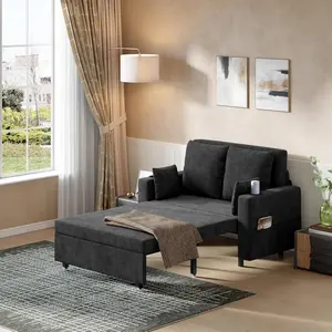 Garvee 3-in-1 Pull-Out Loveseat Sleeper Sofa Bed, 56” Convertible Full Size Couch with Cup Holders and USB Charging Port, Modern Black Living Room Furniture, Supports up to 1000lb