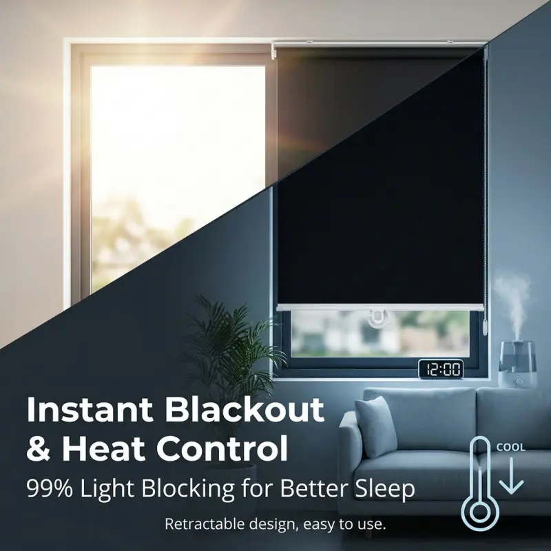 Retractable Blackout Roller Shade, UV & Heat Blocking Pull-Down Window Blind, Window Sun Blocker, Easy-Install No Drill Window Sunshade, Uv Protective Sunshade for Home, Doors & RV, Window Shade Cover