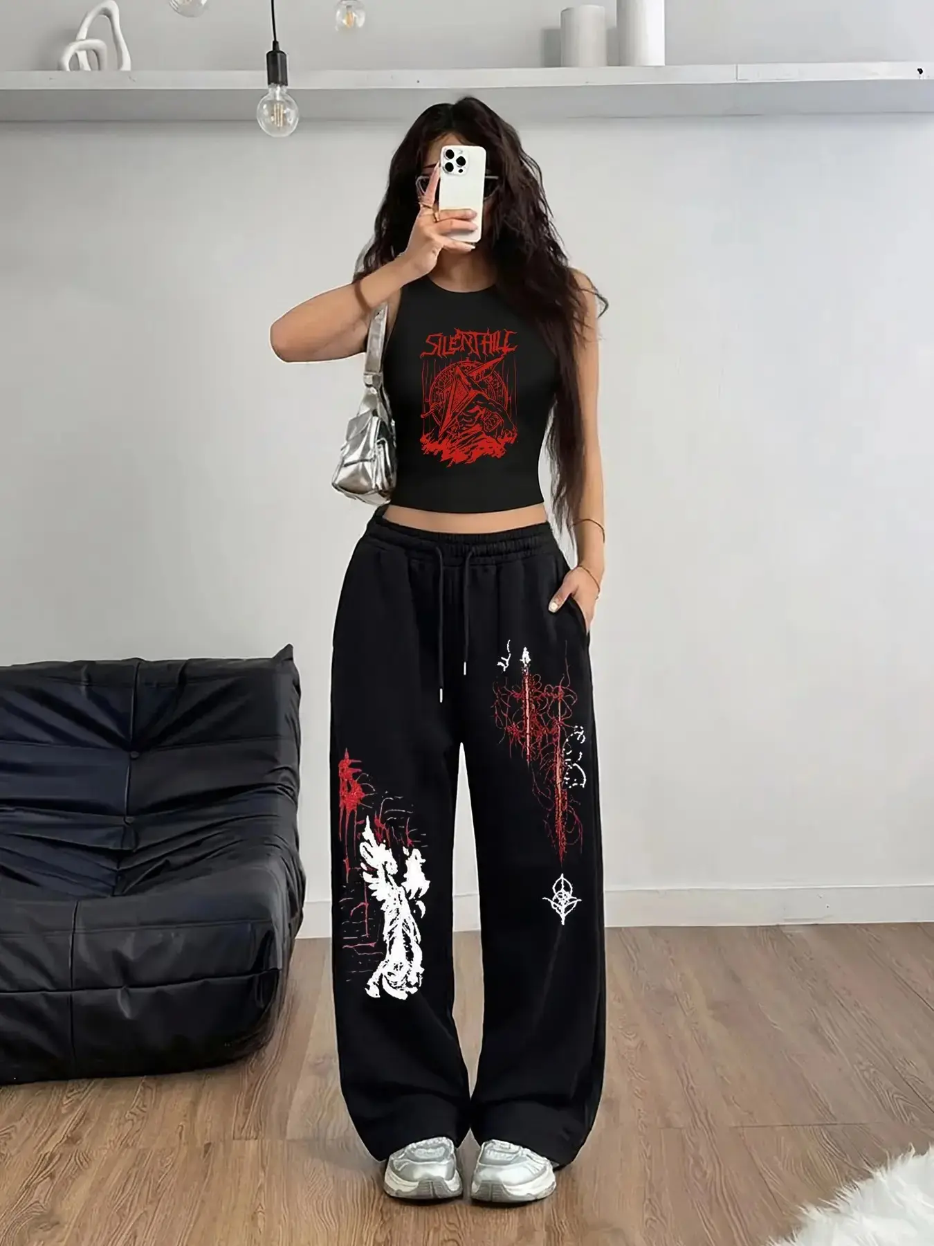 Y2K Emo Dark Gothic Two-Piece Set, Print Crop Top & Wide Leg Pants, Streetwear Punk Culture, Casual Winter Style, Loose-Fitting, Baggy, Fashion Clothes, Top Sets