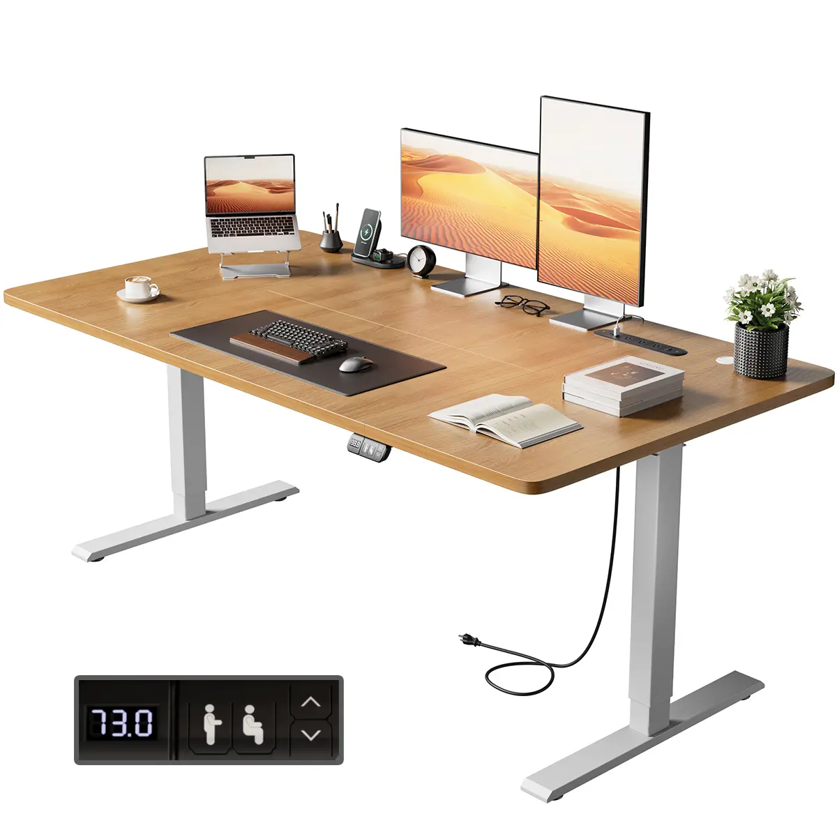 Electric Height-Adjustable Gaming PC Table, Desk Furniture, Modern Ergonomic Sit-Stand Workstation with Power & USB Ports, Control Panel, Pre-Assembled Home Office Computer Desk