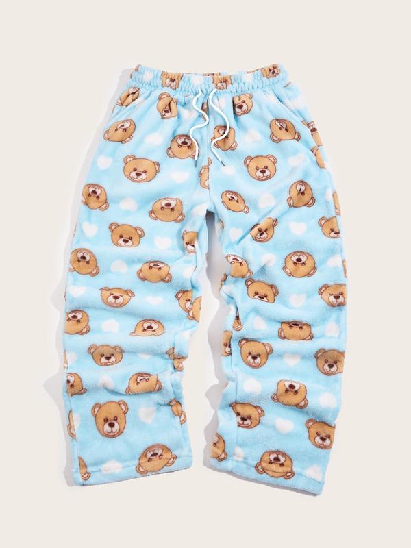 Unisex Plaid Fleece Print Drawstring Pants, Casual Daily Wear, Winter Warm Sleepwear, Christmas Gift, Long Pants