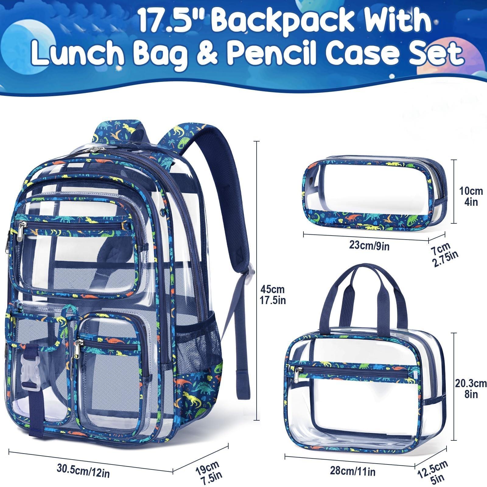 Fimibuke Clear Backpack with Lunch Box & Pencil Case 3PCS Heavy Duty Transparent PVC Schoolbag Large Waterproof Bookbag for Travel School Concert Stadium Events Backpacks