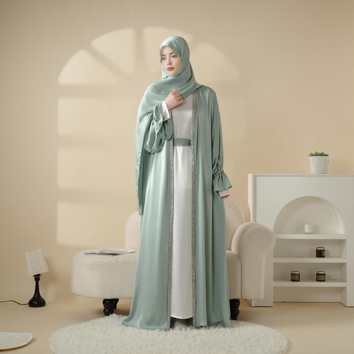Poet Sleeve Satin Abaya Set | 4-Piece Satin Design | Shimmering Gem Details | Includes Open Abaya, Fitted Inner Dress, Hijab, Belt | Side Pockets & Round Neckline | Full-Length Elegance | Perfect for Weddings & Formal Events | elegant maxi winter jilbabs