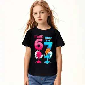 1pc & 6th & 7th Birthday T-Shirt - I Was 6 Now I Am 7 Years Old - 67 Number Design Cotton Kids Short Sleeve Loose Fit Round Neck Casual Age 6 To 7 Year Old Milestone Outfit For Birthday Party & Casual Attire - Spring Summer