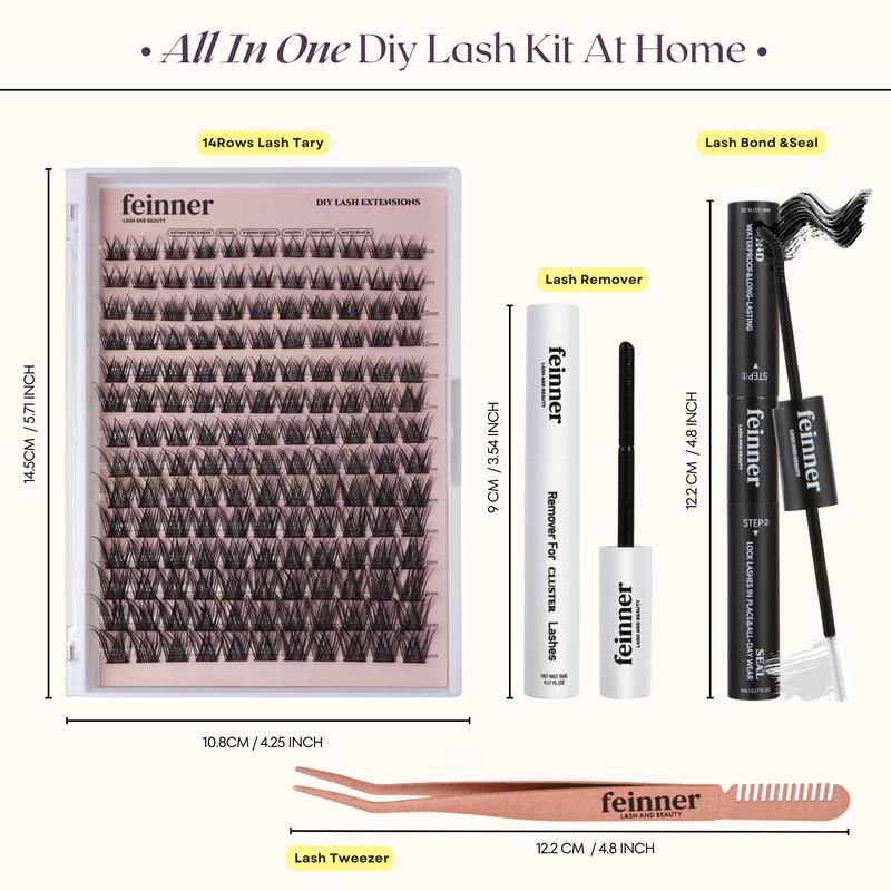 Feinner Classic DIY Lash Extension Kit Natural Look Waterproof with Bond Seal Remover Soft D Curl 8-16mm 8-12mm Mix for Beginners Friendly Salon Quality at Home Must-Have Cluster