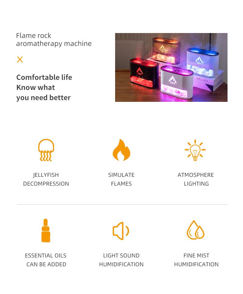 Flame Rock Aromatherapy Machine 250ml Essential Oil Diffuser with Simulated Flame & Jellyfish Mist Colorful LED Lighting Cool Mist Humidifier Timer Auto Off for Home Bedroom Office