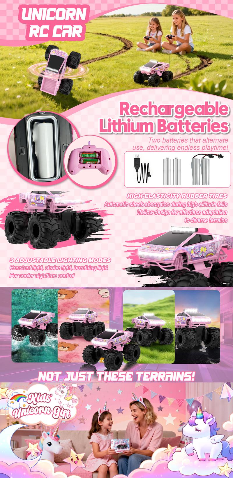 Amphibious RC Car, 2.4GHz Waterproof Drift & Stunt Vehicle, All-Terrain 4WD Off-Road Truck with LED Lights, Pink Unicorn 1:18 Scale Remote Control Toy for Girls, Birthday Christmas Gift for Ages 6+