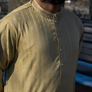 Classic Olive Gold Textured Men’s Punjabi