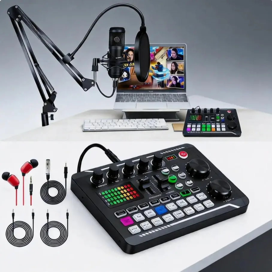 F998 Podcast BM800 Microphone Set, equipped with a condenser microphone, on-site sound card, 7 scene modes, Bluetooth, 1200mAh battery, and 3 on-site ports, suitable for singing, gaming, live streaming, YouTube, TikTok recording on PC/smartphone