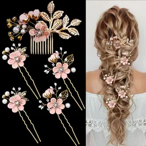 5 pcs Bridal Wedding Flower Hair Pins Crystal Pearl Pins with Rhinestone Flower Piece Vintage Wedding Hair Accessories for Women