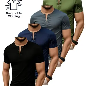 Men’s solid-color casual short-sleeve Henley shirt set, lightweight button-front design; suitable for casual wear, work, and sports; comfortable fabric that is breathable and lightweight, highlighting muscle lines.