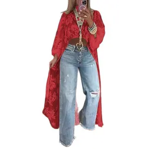 2025 Spring/Summer New Independent Women's Lace Floral Front Short Back Long Sheer Top