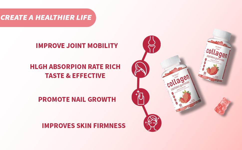 3 Bottles Re Lierre Collagen Peptide Gummies for Women & Men Sugar-Free 1500mg Protein Types I II III V X 5000mcg Biotin Methylated B12 Vitamins A C D E B8 for Skin Hair Nails Bone 60 Gummies