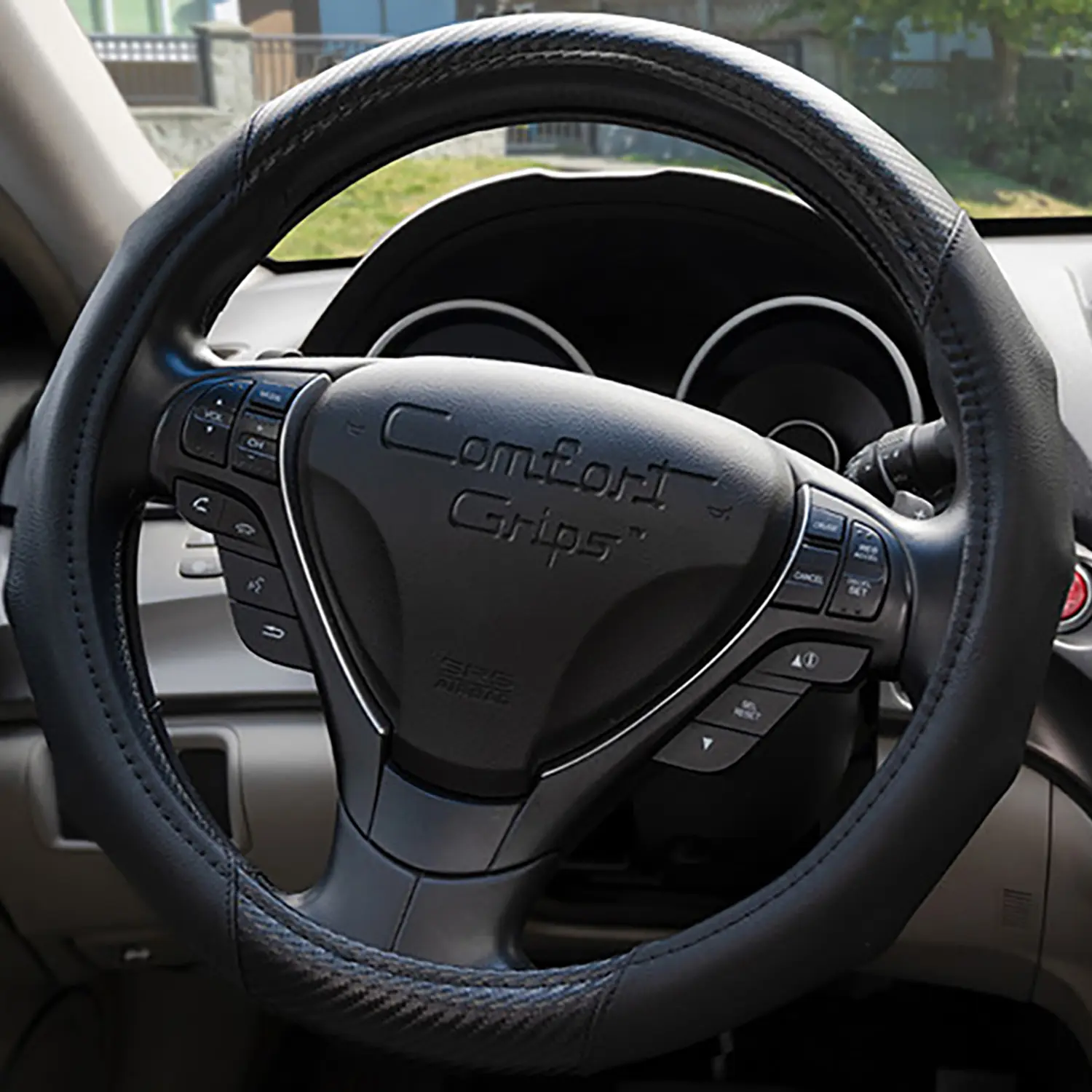 Carbon Fiber Steering Wheel Cover, Dash Designs Carbon Smooth Leather-Like Wheel Cover, Perforated Comfort Grip, Universal Fit, Car Interior Accessories