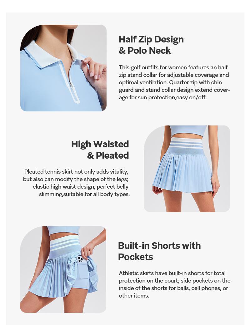 Airfree Tennis Skirt Sets Springfreshness Golf Outfits for Women Two Pieces Zipper High Waisted Golf Polo Two Piece Skirt Set Long/Short Sleeve Women 2 Piece Outfits Casual Gym Wear Athletic Clothing Versatile