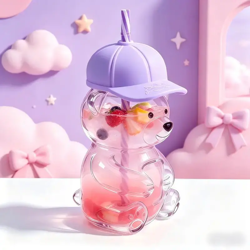 Cute Bear Shaped Glass Cup Bottle, Reusable Glass Bottle, Water bottles, 20oz Capacity, Hat Lid, Ideal for Coffee, Juice, Milk, Tea, Includes Free Straw and Lid, Leakproof Straw Cup, Drinkware