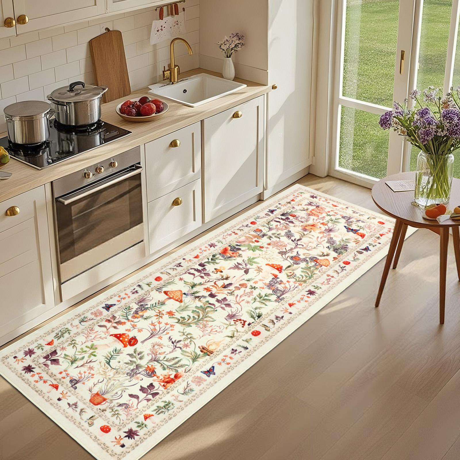 [Restock Up Sale]Geanup Fantasy Fox Animal Runner Rugs for Hallway, Non Slip Botanical Kitchen Rug, Soft Thin Jungle Fox Bedside Runners, Cute Mushroom Accent Floor Carpet for Bedroom Hall Bathroom Laundry