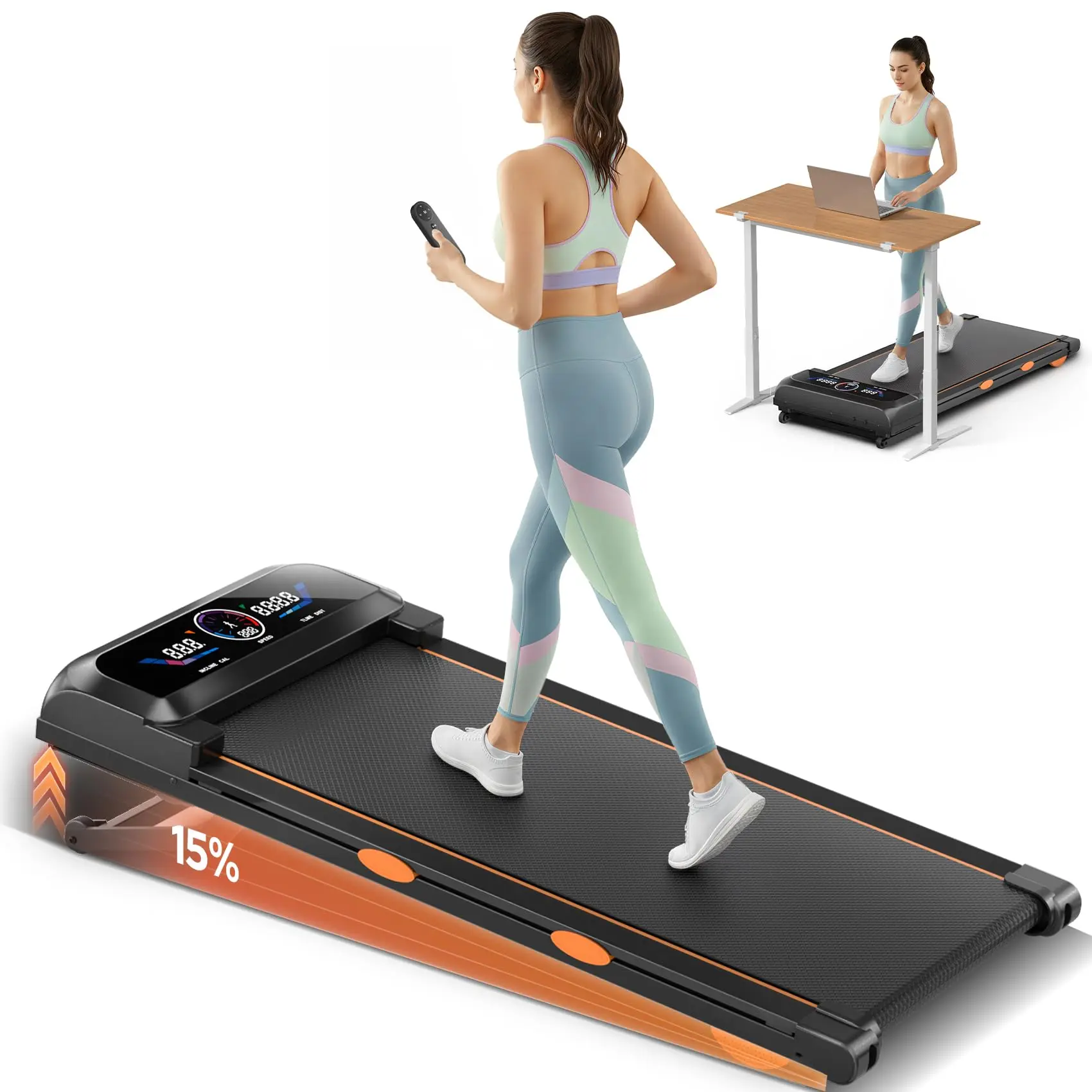 TRISOMY Compact Under Desk Treadmill - 3.5HP Quiet Portable Walking Pad, Auto Incline, 450lb Capacity Home Exercise Equipment with App & Remote Control for Home Fitness