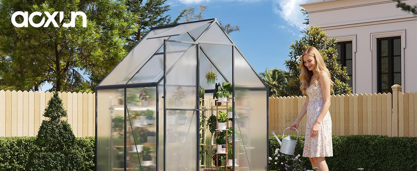 Aoxun 4x6 FT Outdoor Greenhouse, Polycarbonate Greenhouse with Aluminum Frame, Walk-in Green House with Roof Vent, Ground Nails, Lockable Door for Garden Backyard, Patio, Lawn,Quick-Installation