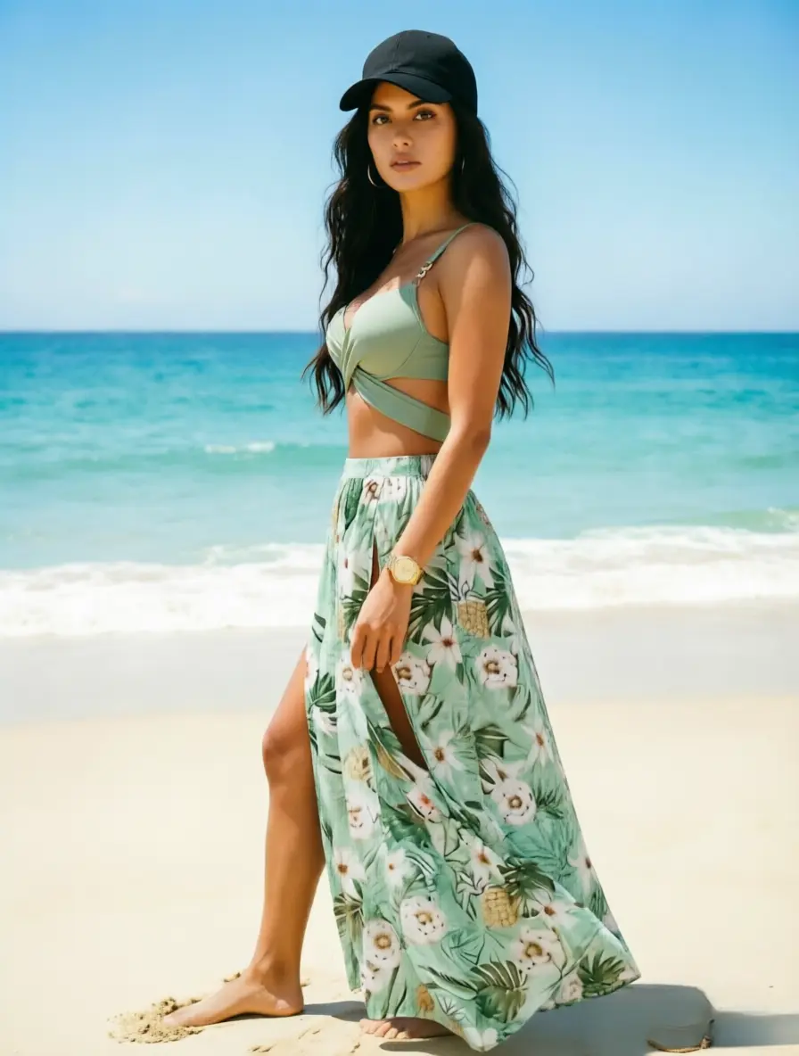 Women's 3-Piece Tropical Pineapple Floral Bikini Set with Cover Up Skirt, Halter   Slim Fitting  Swimsuit, Shapewear Swimsuit, Fancy Swimsuit, Wrap Tie Back High Cut Bathing Suit with Long Beach Wrap Skirt holiday party date