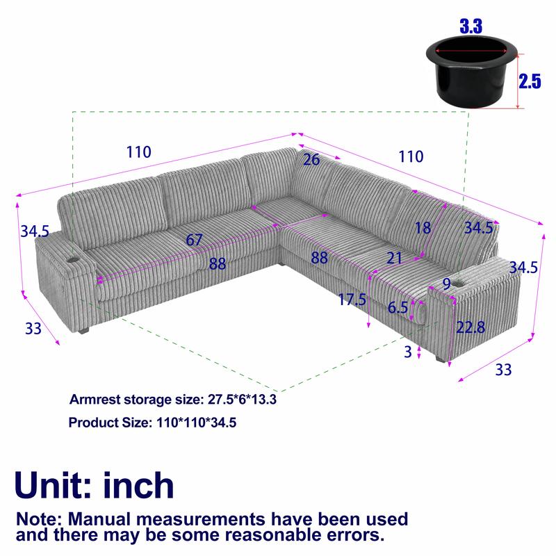 Niccae 110-Inch Oversized Modular Sectional Sofa, Corduroy L-Shaped Couch with Storage, USB/Type-C Charging & Cup Holders, Deep Seat Comfort for Living Room, Apartment, Home Office - Durable Family Couch