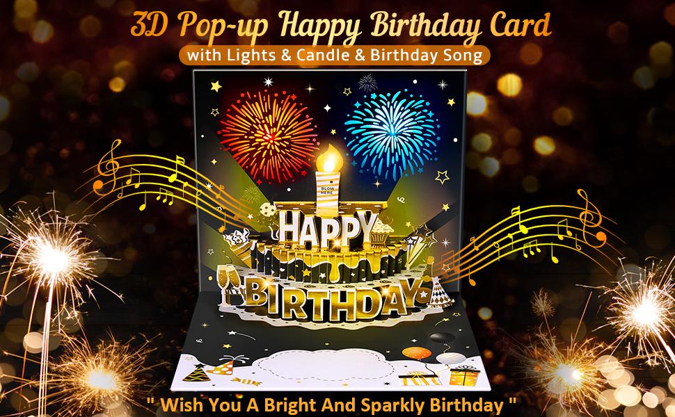 INPHER DIY Age Birthday Cards Fireworks Pop Up Cake Light and Music Black and Gold Happy Birthday Card Gift for Husband, Men, Women, Mom, Grandma