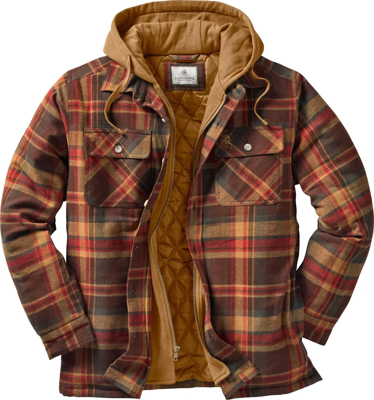 Legendary Whitetails Maplewood Plaid Hooded Shirt Jacket -  Men's Menswear Tops, Button-Up Insulated Flannel with Quilted Lining, Embroidery Accents, Fleece-Satin Details