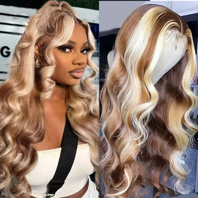 Yeswigs 13x4 Body Wave Highlight Ombre Lace Front Wig Human Hair 13x6 HD Lace Front Wigs Human Hair #27/613 Colored Wigs Honey Blonde Glueless Wigs Human Hair Pre Plucked Pre Cut