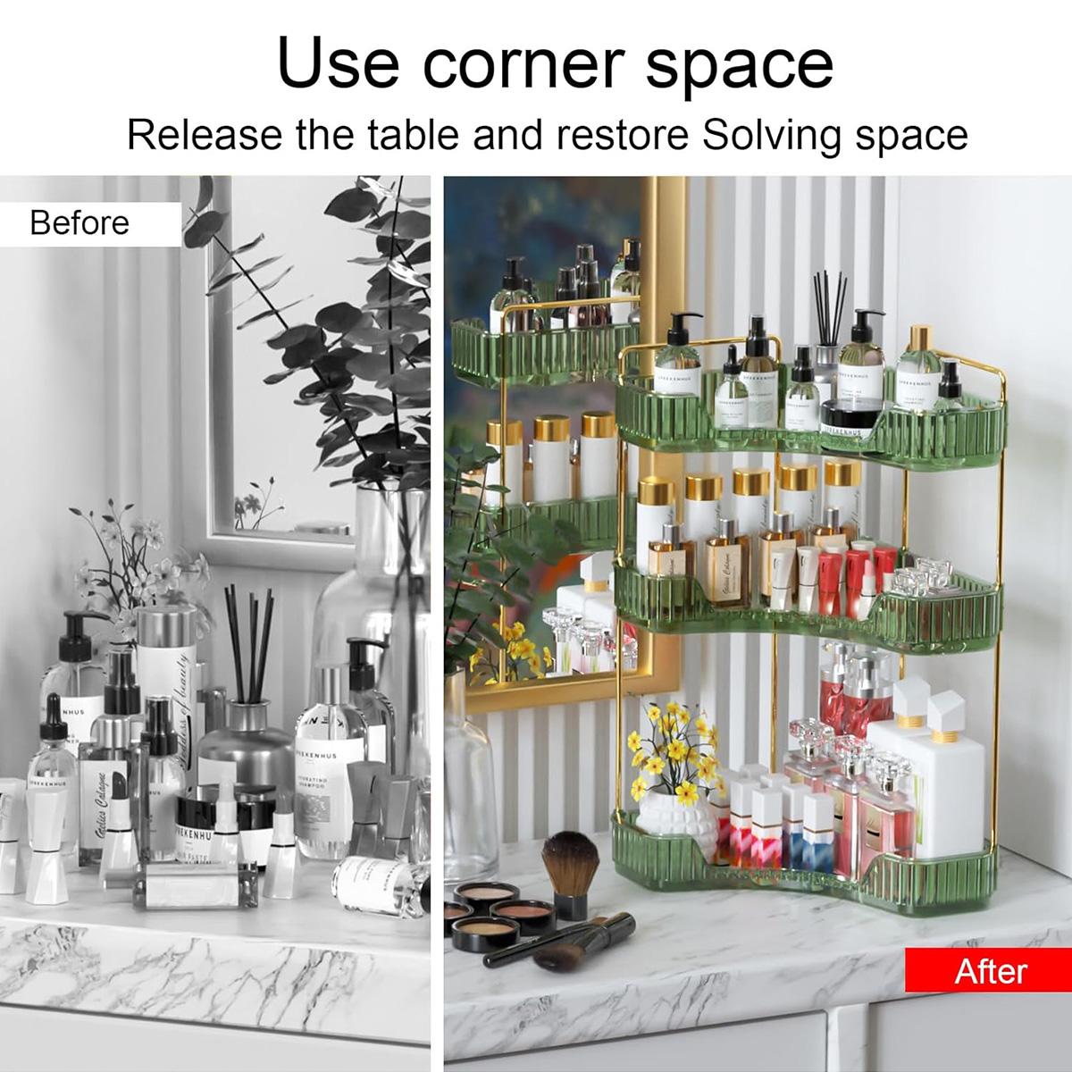 3 -layer cornering bathroom counter storage rack, table perfume tray and dressing table storage rack, cosmetics storage rack, bathroom, dressing table, kitchen corner storage rack (green)