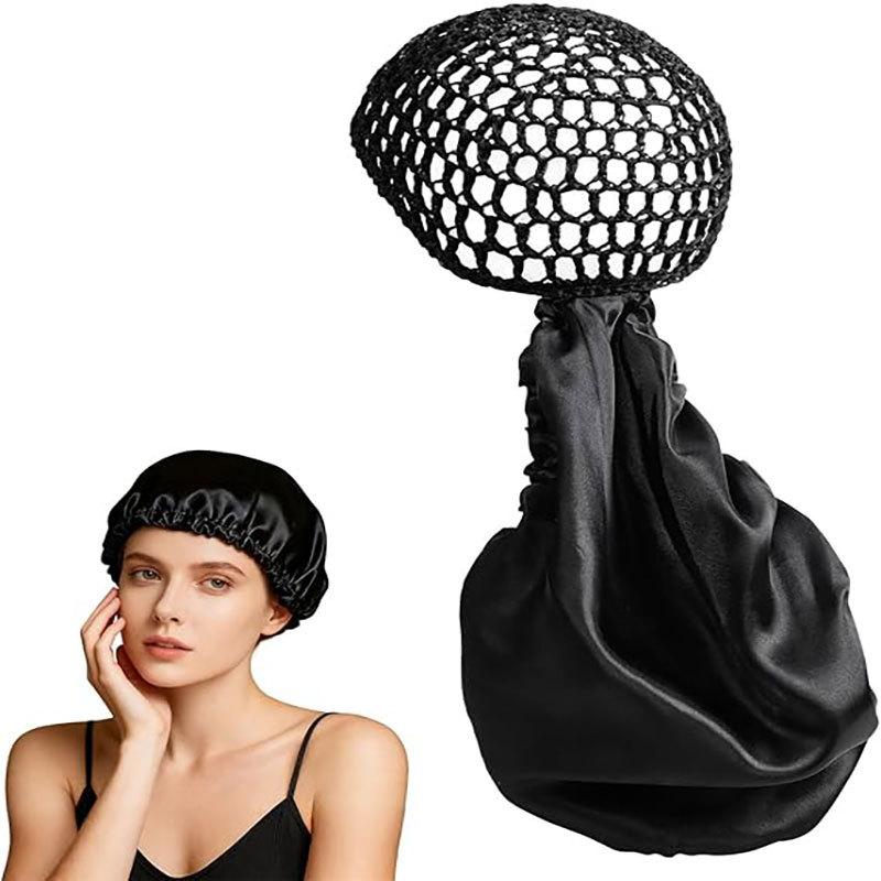Humwam Non-Detachable Satin Hair Wrap & Net Duo – Adjustable Band for Silk Press, Curls & Braids, Reversible Satin & Handmade Netting,summervibes