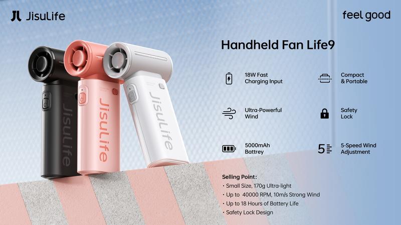 JISULIFE Handheld Fan Turbo Strong Wind Fashion Mini Pocket Fan 5 Speeds Up to 18H Cooling Rechargeable Portable Fan for Travel & Desk with Lanyard & USB Type-C Charging