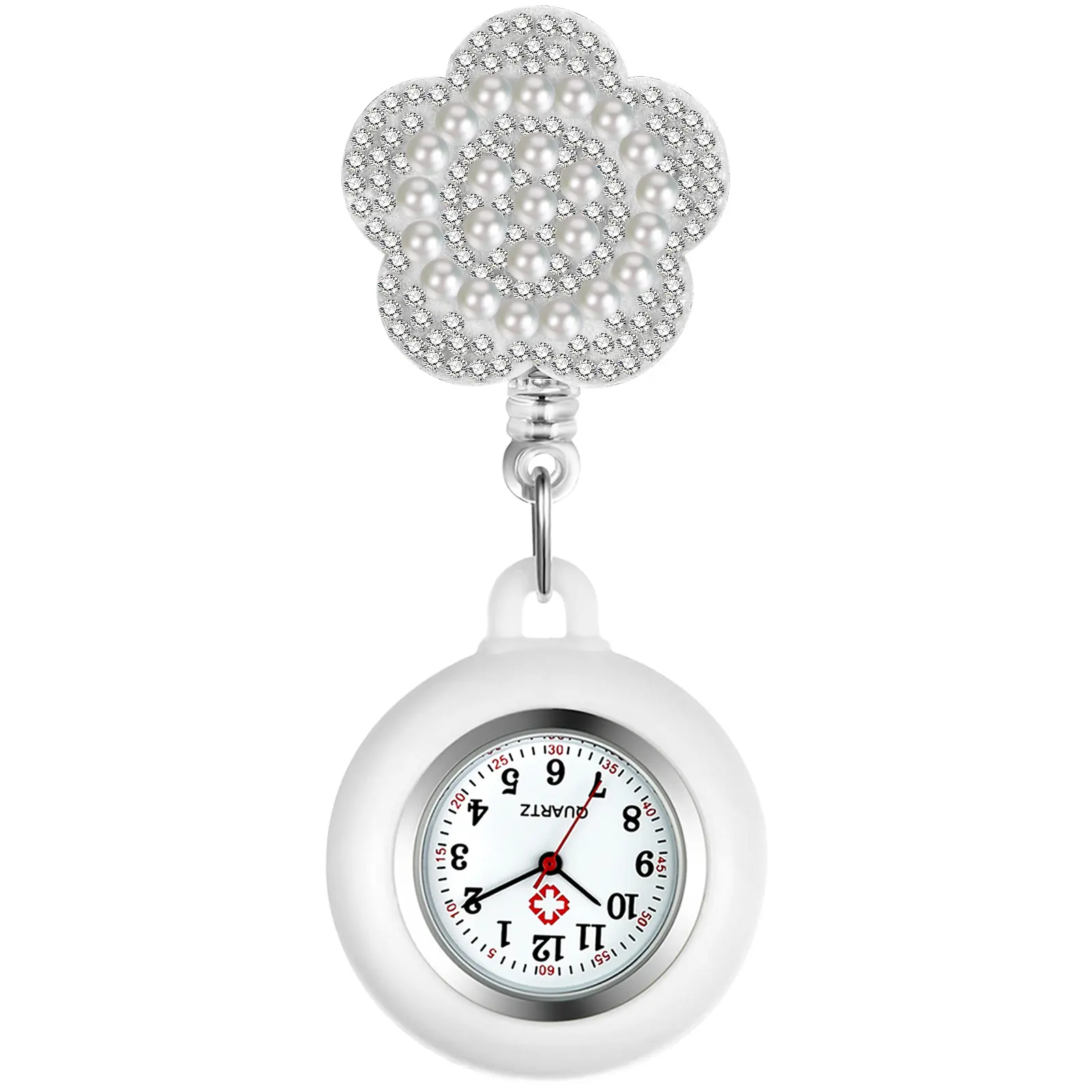 OIDEA Fob Watch for Nurses & Charge Nurses, Elegant Petal Design with Crystal and Faux Pearl Accents, Retractable Clip-On with White Silicone Band, Nurse Watch