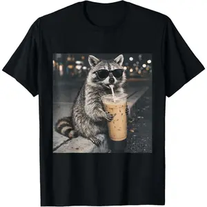 Women's raccoon drinking iced coffee Graphic T-Shirt - Short Sleeve Crew Neck Regular Fit Casual Wear |   Soft & Breathable Fabric, Durable Print, Everyday Comfort, Machine Washable