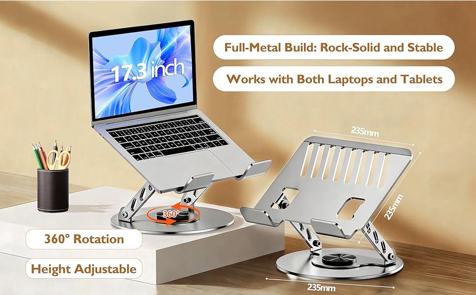 【360° Rotating Laptop Stand】Adjustable Foldable Aluminum Laptop Stand, 2-in-1 Multifunctional Laptop Stand Hub for Gaming laptop & Mobile stand,Gray