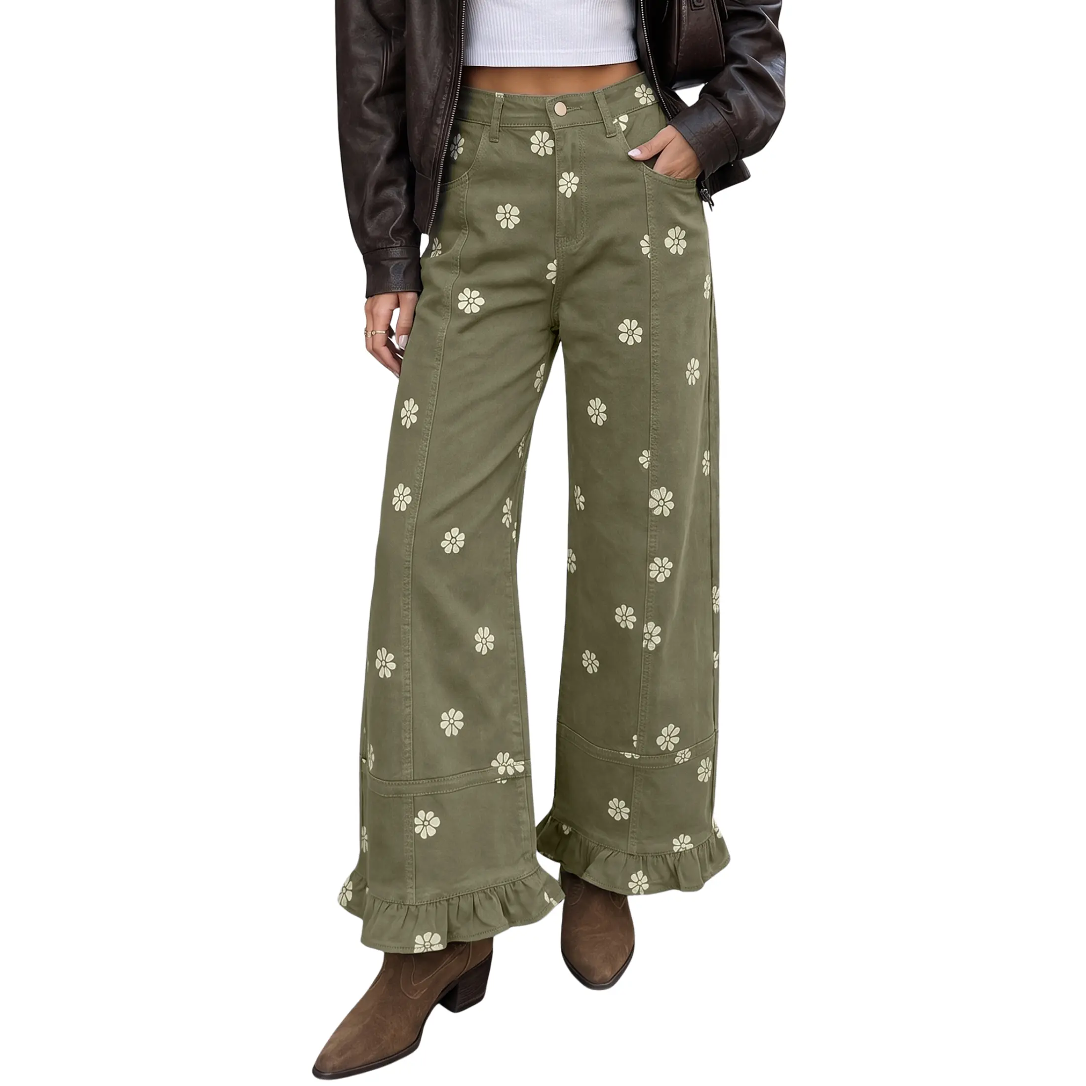 Buenoble Women’s Floral Print Barrel Jeans Y2K Baggy Wide Leg Jeans High Waisted Patchwork Boyfriend Denim Pants Casual Streetwear Loose Fit Jeans