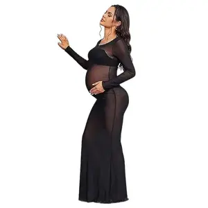 ALLITA Women's Clothing See-through High Elastic Net Round Neck Slim Fit Pregnant Women Mopping Dress