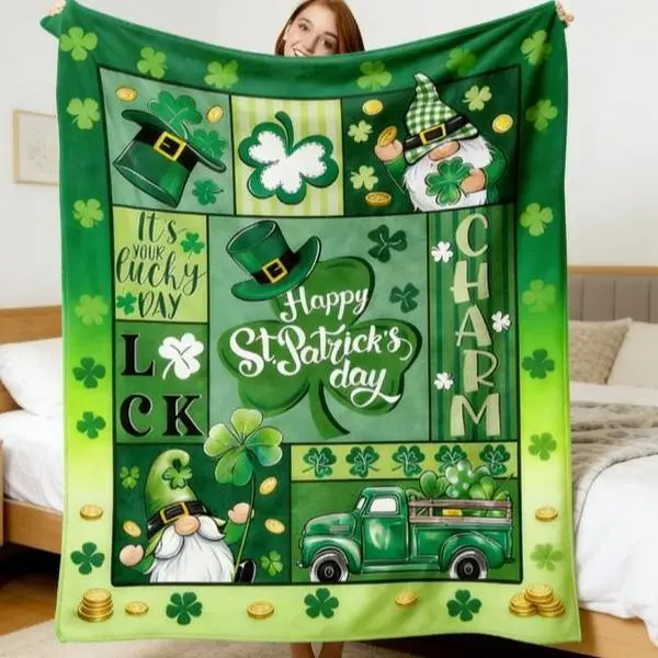 Happy St Patricks Day Flannel Throw Blanket, Lucky Charm Shamrock Clover Gnome Truck Top Hat Birthday Gifts For Men Women, Irish Spring Gold Coins Soft Blankets For Bedding Sofa, Cozy Flannel Blanket – Lightweight, Durable & Perfect Gift For Loved Ones