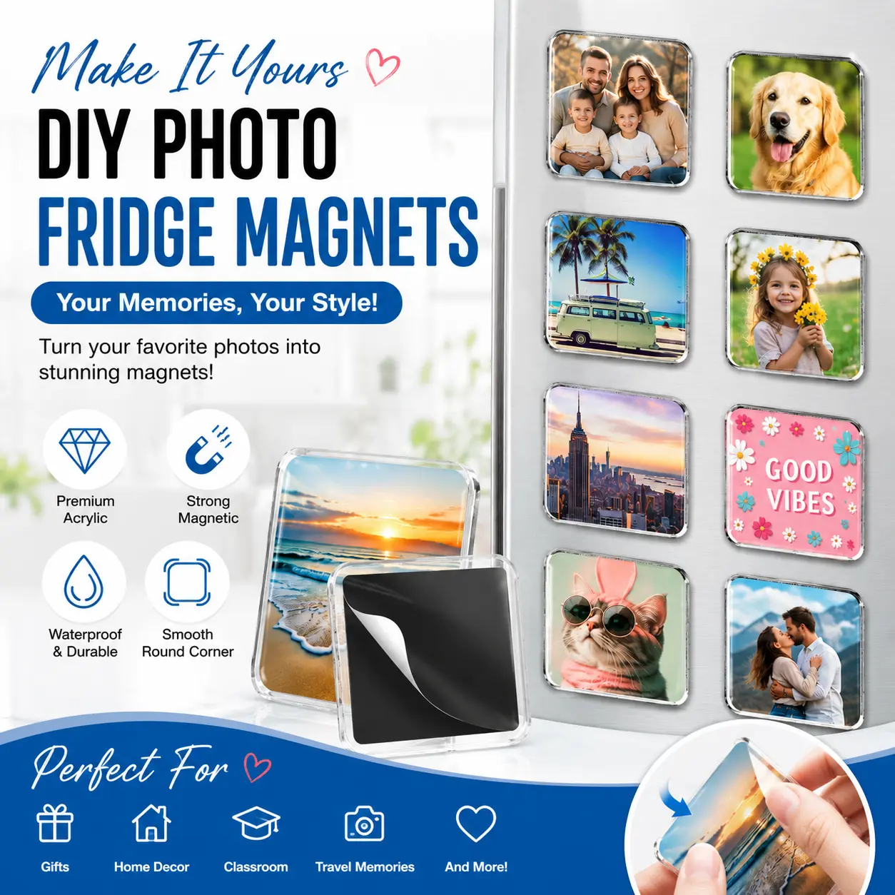New 20 Pack Clear Acrylic Fridge Magnets DIY Kit,2-inch round edge,Square Magnetic Photo Frames with Self Adhesive Backing,Custom Picture Magnets for Refrigerator,Crafts,Kitchen,Classroom & Office Decor,Home decoration,Easy Handmade Gift for Kids & Adults