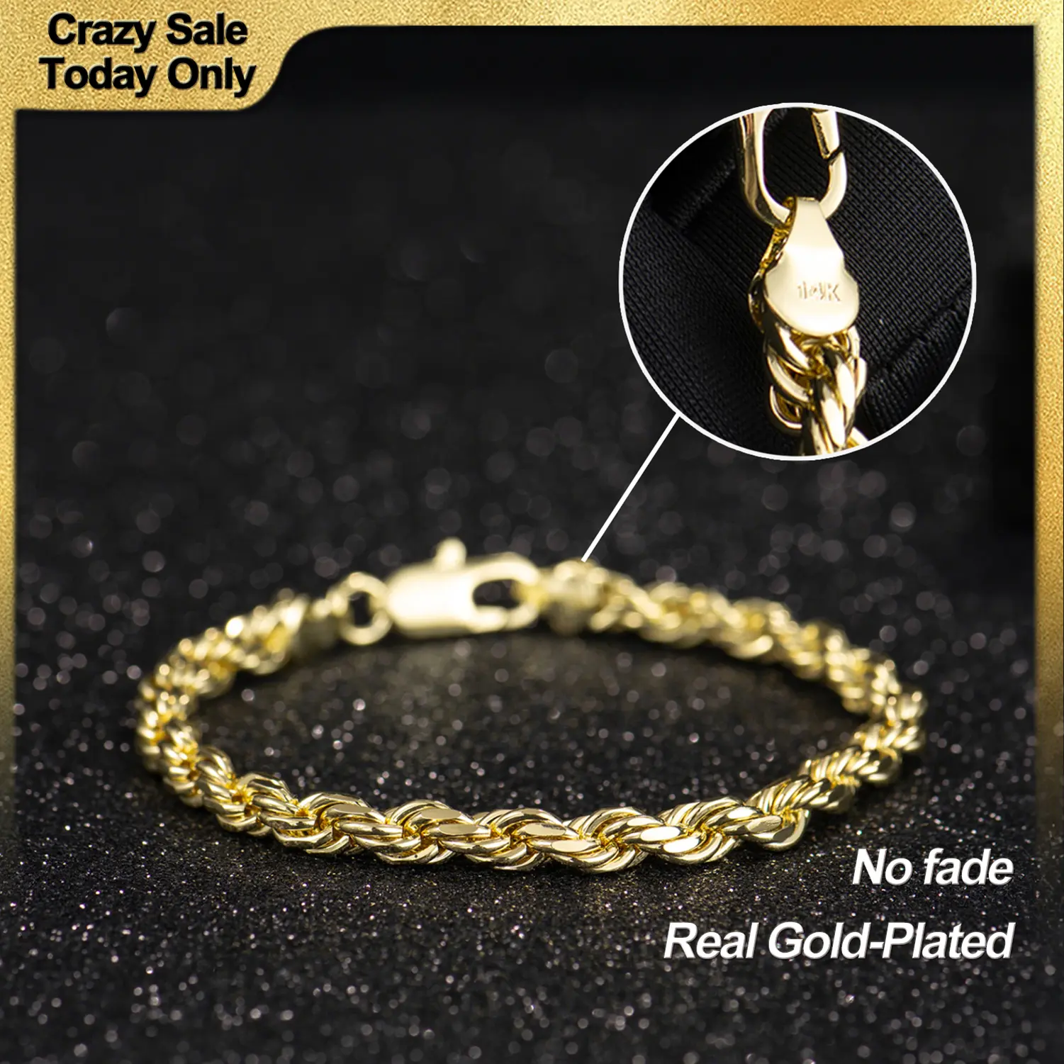 Holylegend 14K Real Gold-Plated Rope Chain Bracelet, 14K Gold Plated Diamond Cut Rope, Simple Twist Link Bracelet,Hip Hop Jewelry, Classic Rope Link Bracelet, Gift Ready,Father's Day Gift