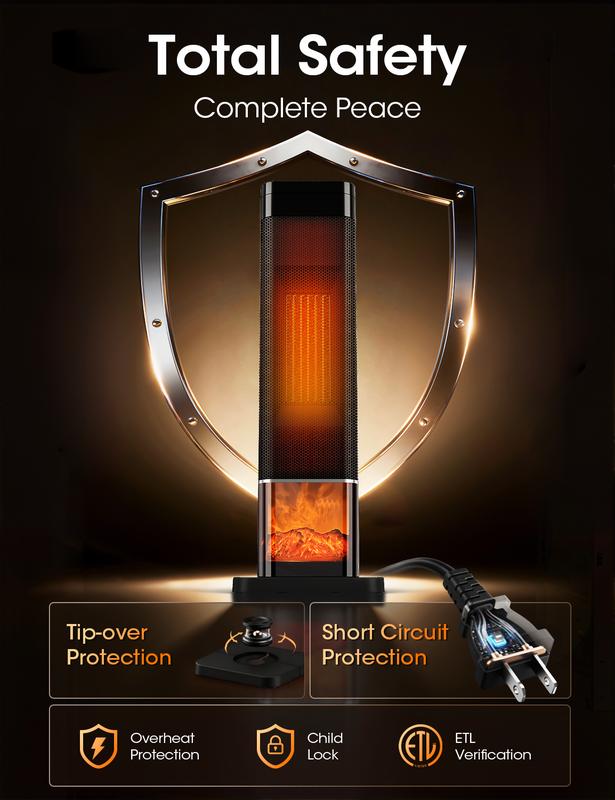 TEHANLD Space Heaters for Indoor, 25”Large PTC Ceramic Heater with Flame, 1500W Electric with Thermostat, 70°Oscillating Portable Tower Heater with Remote for Room, Bedroom, Home, Office, Black