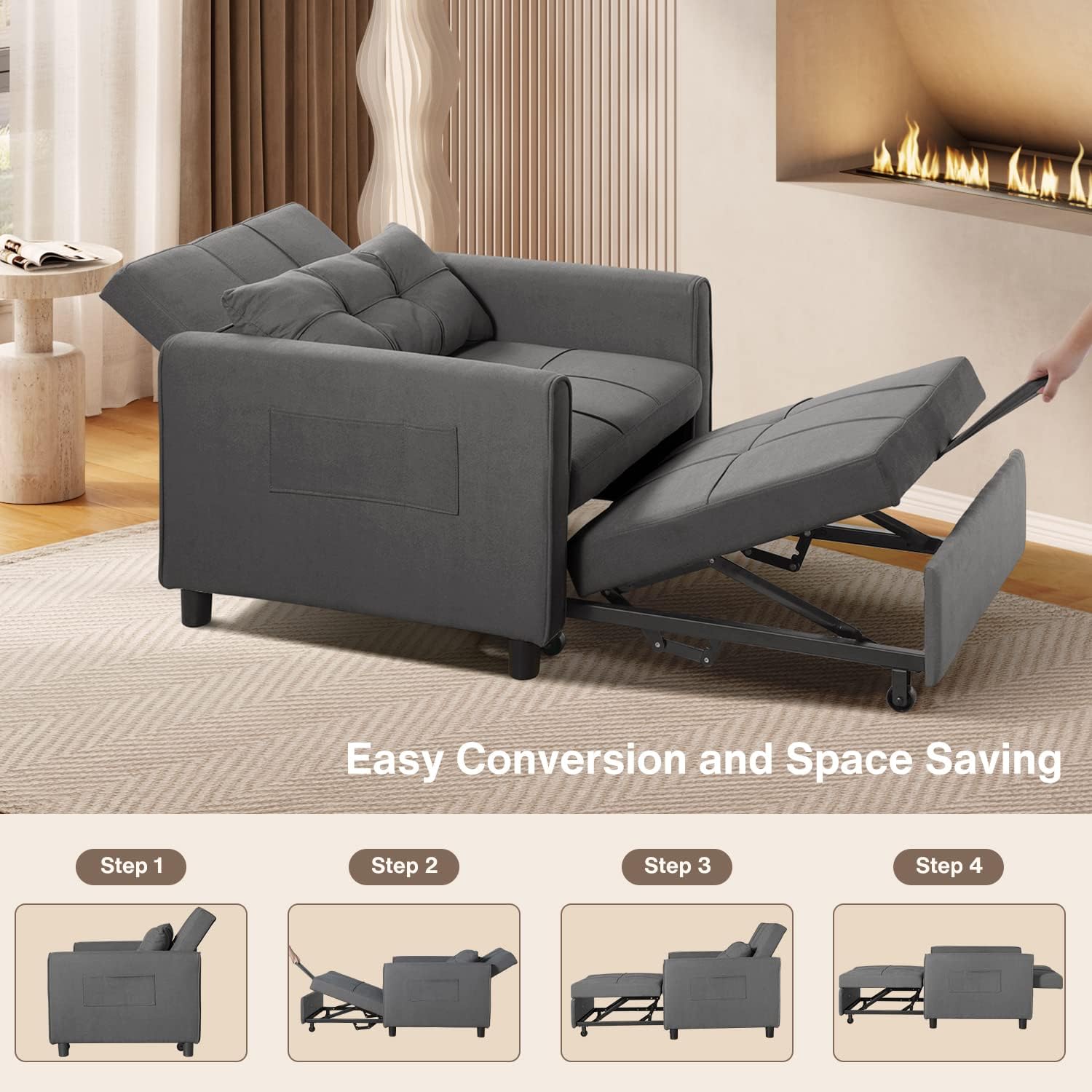 Gizoon Convertible Futon Sofa Bed, 3-in-1 Multi-Functional Sleeper Chair Bed, Adjustable Backrest Recliner with Modern Linen Fabric for Living Room Bedroom Apartment Small Space, Dark Grey Daybed Furniture