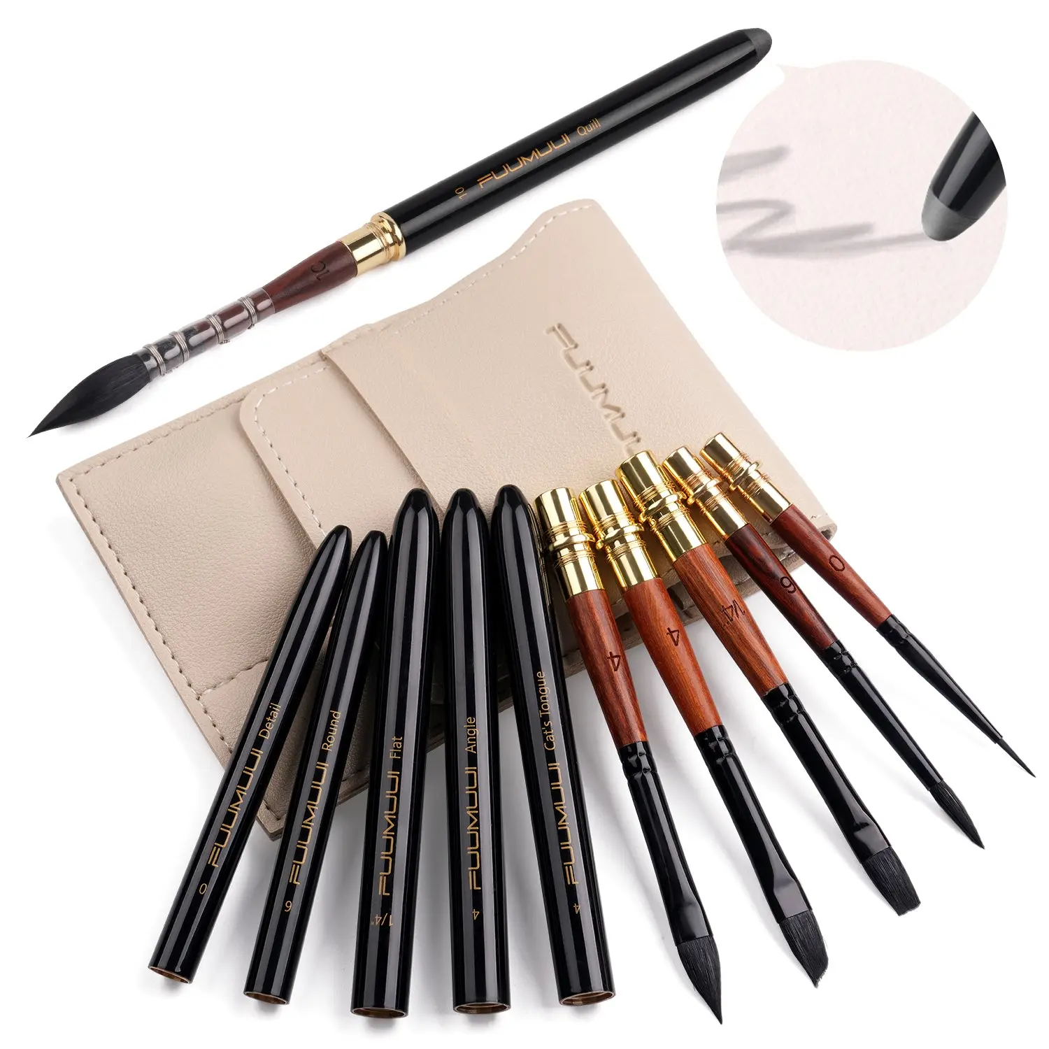 Fuumuui 6pcs High-Grade Pure Squirrel Hair Travel-Ready Watercolor Brushes with Compact Leather Pouch, Painting Accessories for Adults, Art Supplies with Exceptional Color Absorption for Backpack Storage, Watercolor Art Tools, Fluid Watercolor Painting