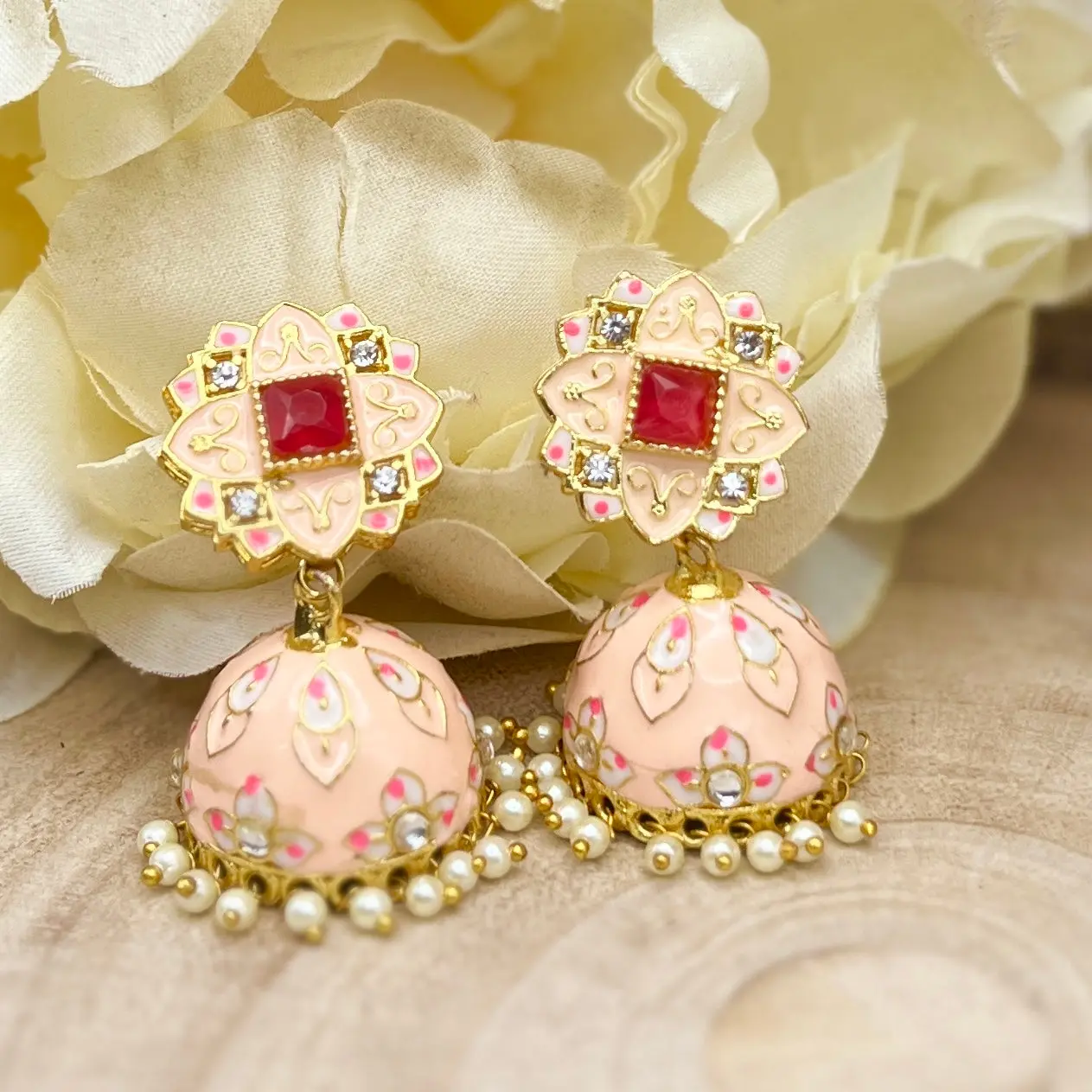 Pink Enamel Jhumka Earrings with Pearls | Traditional Indian Dome Earrings | Kundan Work Ethnic Jewelry | Wedding Festive Gift for Her