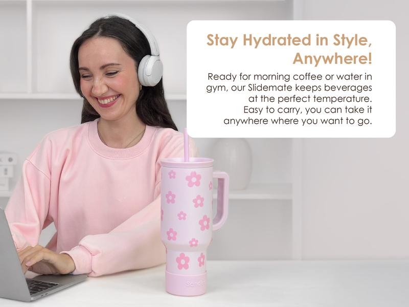 Sandjest Insulated 40oz Tumbler with Handle & Straw, Easy-Clean, Cup Holder Friendly Base, Suitable for Outdoor Travel Office, Valentine Gift for Her