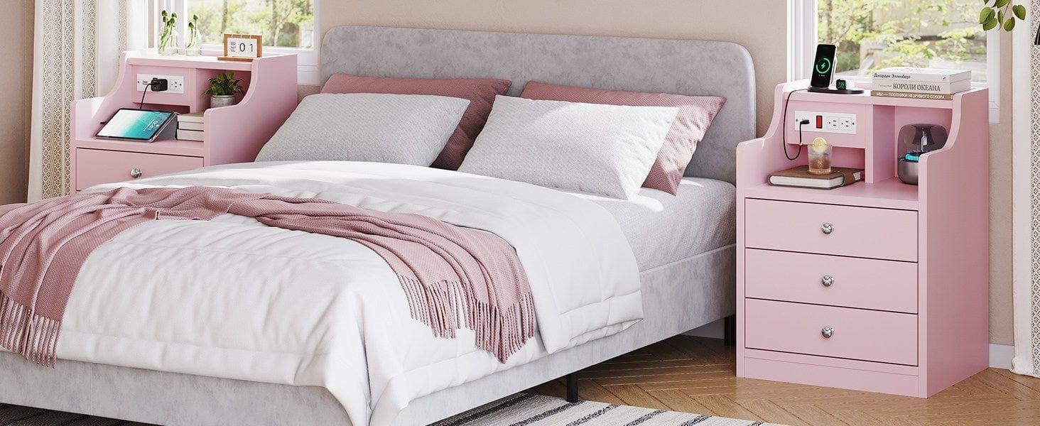 Sikaic Nightstand with 3 Drawers Charging Station Pink