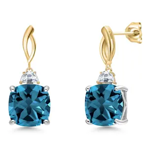 Gem Stone King 925 Silver and 10K Yellow Gold London Blue Topaz and White Moissanite Dangle Earrings for Women | 18.06 Cttw | Gemstone November Birthstone | Cushion 12MM