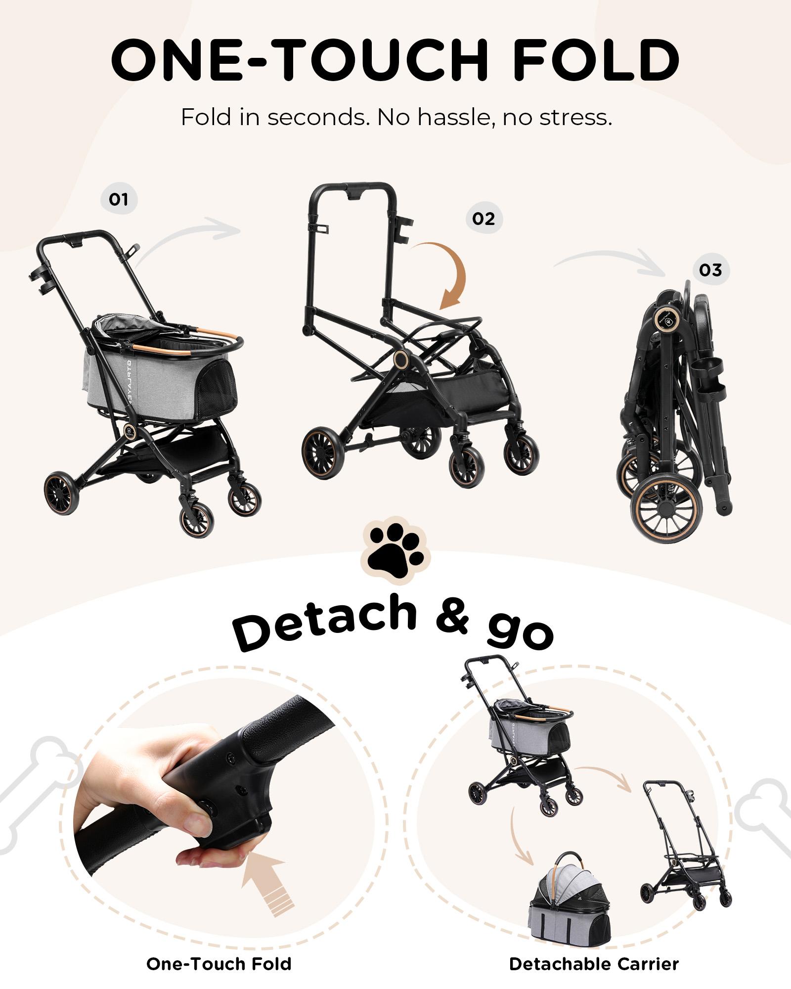 COMHOMA Foldable Pet Stroller with Weather Cover, 4 Wheels Pet Strolling Cart for Small/Medium Dogs and Cats with Storage Basket and Cup Holder, Breathable and Visible Mesh for All-Season