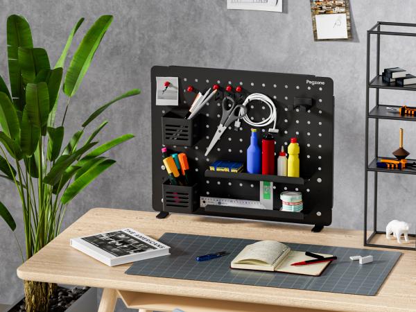 Clamp-on Desk Pegboard, Desk Organizer for Office Gaming Home, Magnetic Metal Peg Board with 15 Accessories, Privacy Panel for Office, 20.4" x 16.5", Large, Black