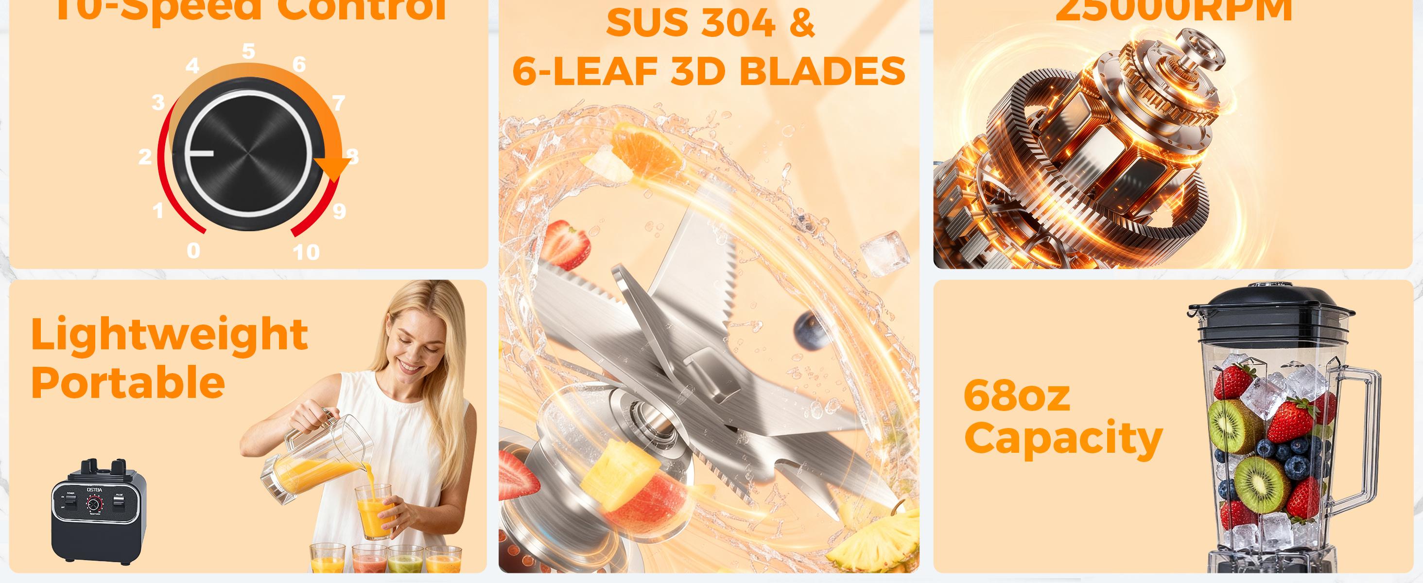 OSTBA Blenders for Kitchen with 68Oz, 1600W Blender for Smoothies, 10 Speeds BPA-Free Countertop Professional Blender for Ice Crushing, Frozen Fruits, Drinks, Self-Cleaning